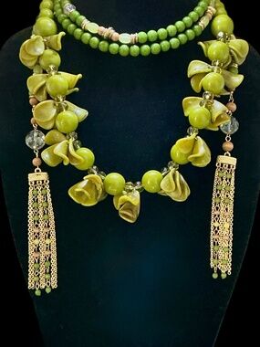 Layered Necklace Set Green Statement + Long Lariat Tassel Artisan Styled